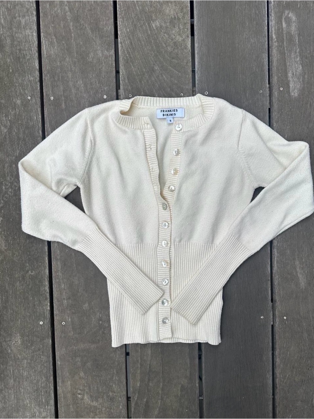 Frankie's Bikinis Ivory Button-Front Ribbed Hem Cardigan